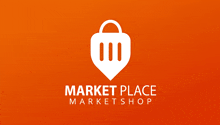 a logo for market place marketshop with a white shopping basket on an orange background