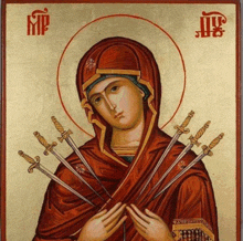 a religious icon of a woman holding swords with the letter mp on the bottom