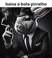 a rabbit in a suit and hat is smoking a cigarette with the caption baixa a bola pirralho