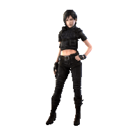 a woman in a black outfit is holding a gun in her right hand