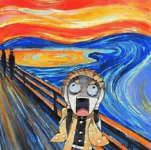 a painting of a person screaming on a bridge