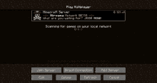 a screenshot of a minecraft server that says nirvana network beta what are you waiting for join now scanning for games on your local network