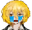 a pixel art drawing of a boy with yellow hair crying with blue tears coming out of his eyes .