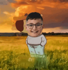 a cartoon of a boy wearing glasses and a white shirt standing in a field