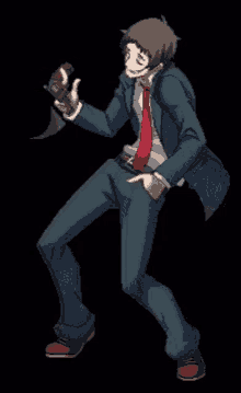 a man in a suit and tie is holding a sword