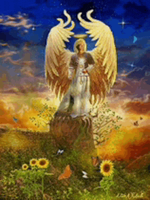 a painting of an angel standing on a rock with sunflowers in the foreground