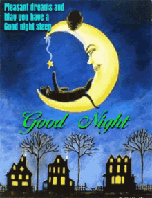 a good night card with a cat sleeping on a crescent moon