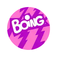 a pink and purple logo for boing with lightning bolts