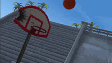 a basketball is flying through a broken basketball hoop on a staircase