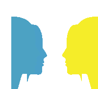 a blue and a yellow silhouette of a person 's face