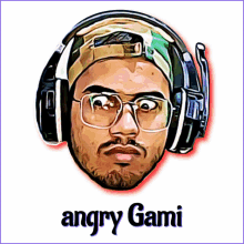 a cartoon of a man wearing headphones and the name angry gami on the bottom