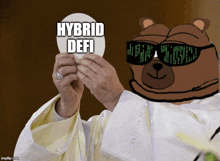 a cartoon of a priest holding a bread with the words hybrid defi written on it