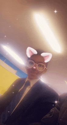 a man wearing a suit and tie with a cat ear filter on his face