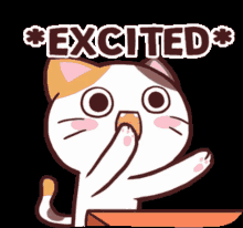 a cartoon cat is covering its mouth with its paw and the word excited is written above it