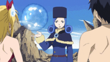 a woman in a blue coat is holding a blue ball