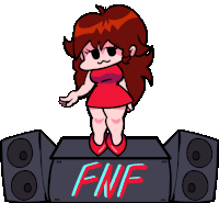 a cartoon girl in a red dress is standing on top of a black box with the word fnf on it