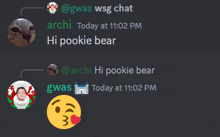 a screenshot of a discord chat where someone says hi pookie bear