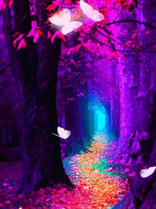 a painting of a purple forest with white butterflies