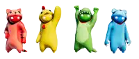 a red cat a yellow chicken a green lizard and a blue bear are standing next to each other on a white background