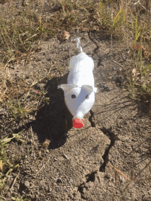 a pig made out of a plastic bottle laying on the ground