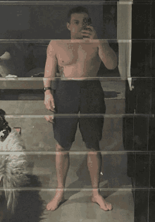 a shirtless man is taking a selfie in a mirror