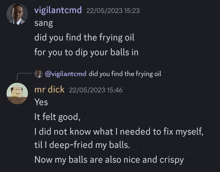 a screenshot of a conversation between vigilantcmd and sang