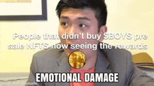 a man in a suit with a coin in his mouth says people that did n't buy $ boys pre sale nfts now