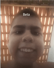 a close up of a child 's face with the word beta on the top