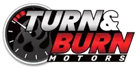 a logo for turn & burn motors with a speedometer on it