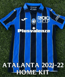 a blue and black striped shirt that says ' atalanta 2021-2022 home kit ' on the bottom