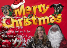 a merry christmas card with santa claus and a woman