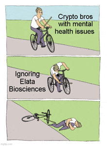 a cartoon of a man riding a bike with the words crypto bros with mental health issues ignoring elata biosciences