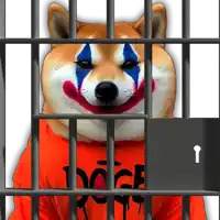 a dog with a clown face is behind bars wearing an orange shirt that says doge