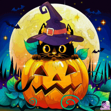 a black cat in a witch hat is sitting on a pumpkin