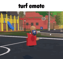 a cartoon of a teddy bear holding a basketball on a basketball court with the words turf emote above it .