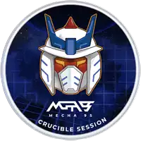 a sticker with a robot head and the words crucible session