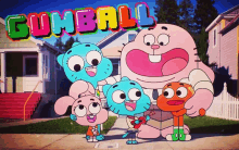 a group of gumball characters are standing on a sidewalk in front of a house