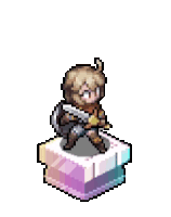 a pixel art of a girl holding a sword and shield standing on a cube .