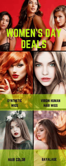 a collage of women 's day deals with synthetic wigs virgin human hair wigs and hair color