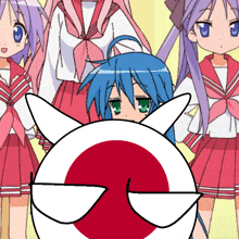 a group of anime girls are standing around a red white and blue circle