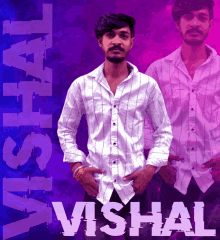 a man in a striped shirt is standing in front of a purple background with the name vishal on it