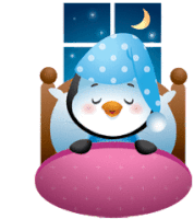 a penguin is sleeping in a bed wearing a blue sleep cap