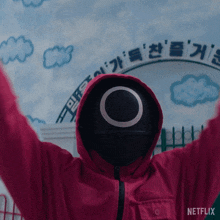 a person wearing a mask and a red jacket with netflix on the bottom right