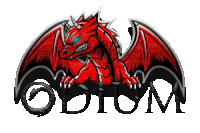 a red dragon with the word odium below it