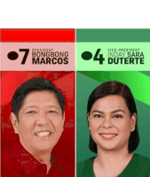 a man in a red shirt and a woman in a green shirt are on a poster for bongbong marcos and inday sara duterte