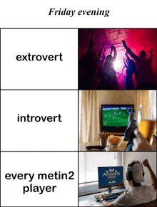 a meme about friday evening with extroverts introverts and every metin2 player at the bottom