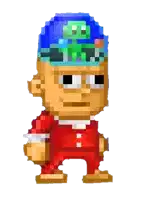 a pixel art of a man wearing a blue hat with a green octopus on it