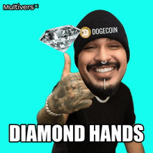 a man is wearing a dogecoin hat and holding a diamond