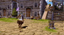 a screenshot of a video game shows a man riding a horse in front of a building