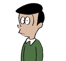 a cartoon drawing of a man with big eyes and a green shirt